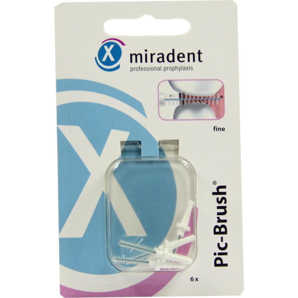 Verpackung mit sechs weißen Interdentalbürsten der Marke Miradent.