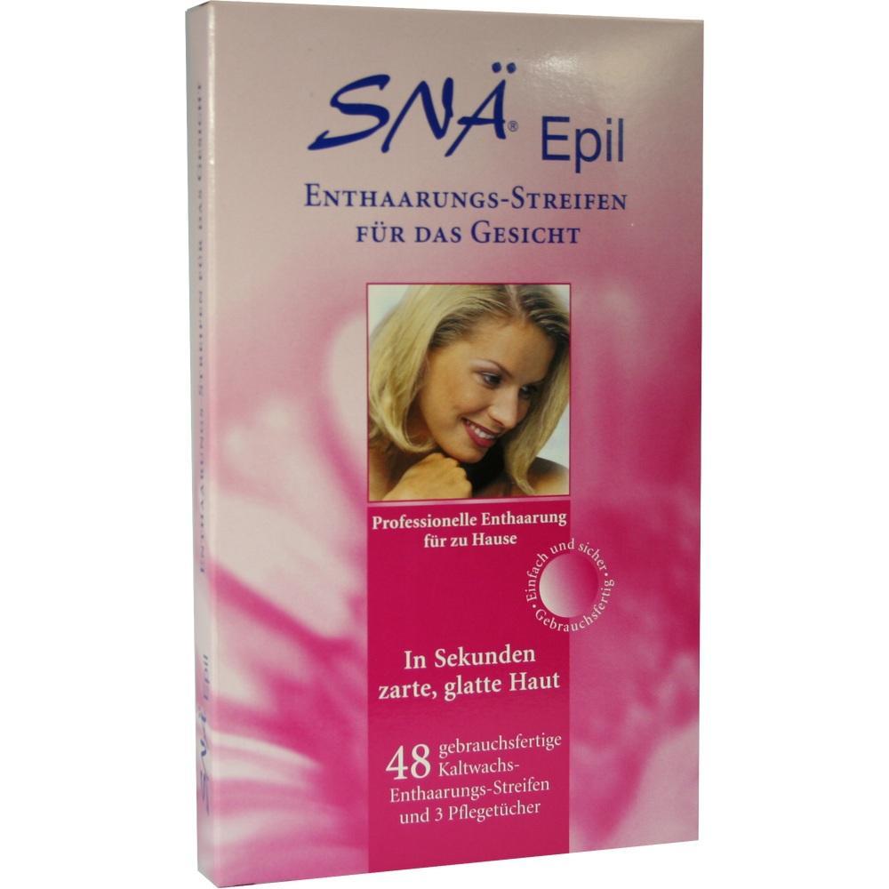 Die Packung zeigt Enthaarungsstreifen für das Gesicht mit einer lächelnden Frau darauf.