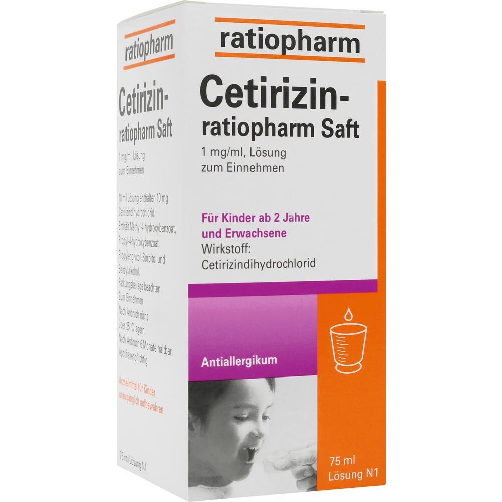 Orangene Medikamentenverpackung für Cetirizin-Saft von Ratiopharm, geeignet ab 2 Jahren.
