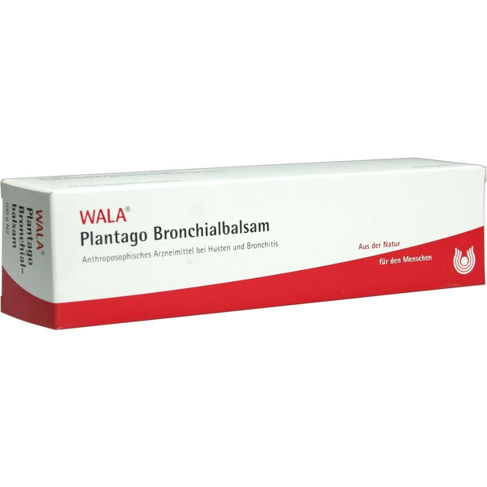 Eine weiße Schachtel mit der Aufschrift "Plantago Bronchialbalsam".