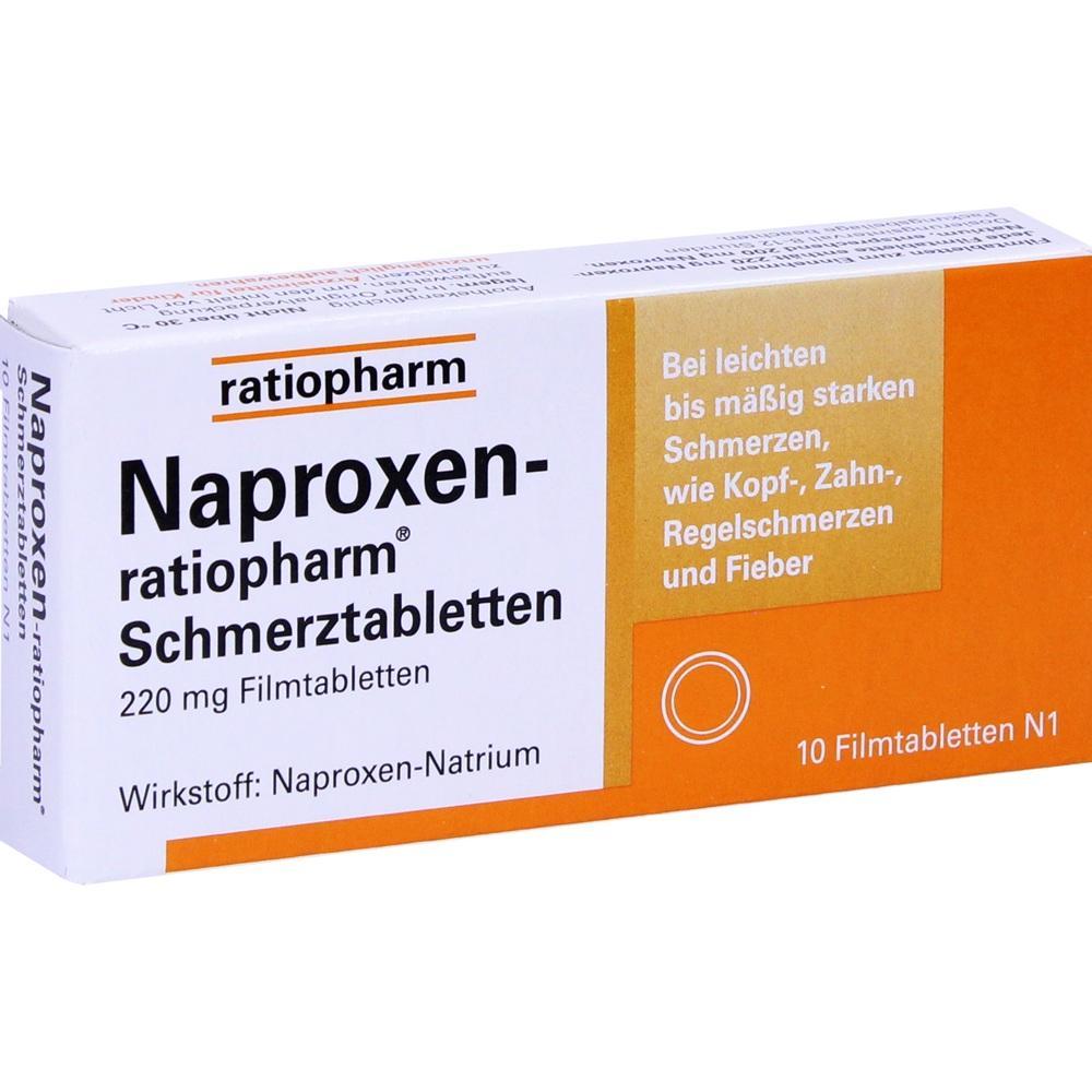 Weiße Schachtel mit Naproxen-Schmerztabletten für verschiedene Schmerzen.