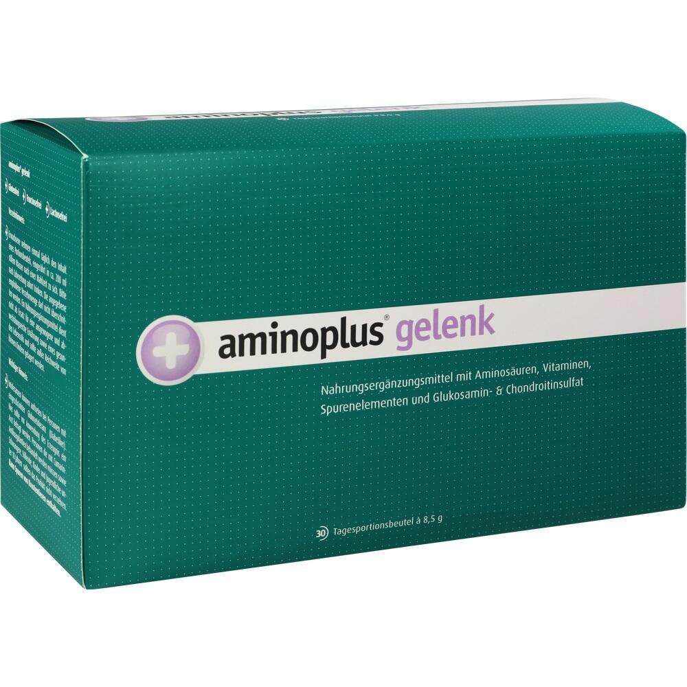 Eine grün-weiße Verpackung eines Nahrungsergänzungsmittels namens "aminoplus gelenk".