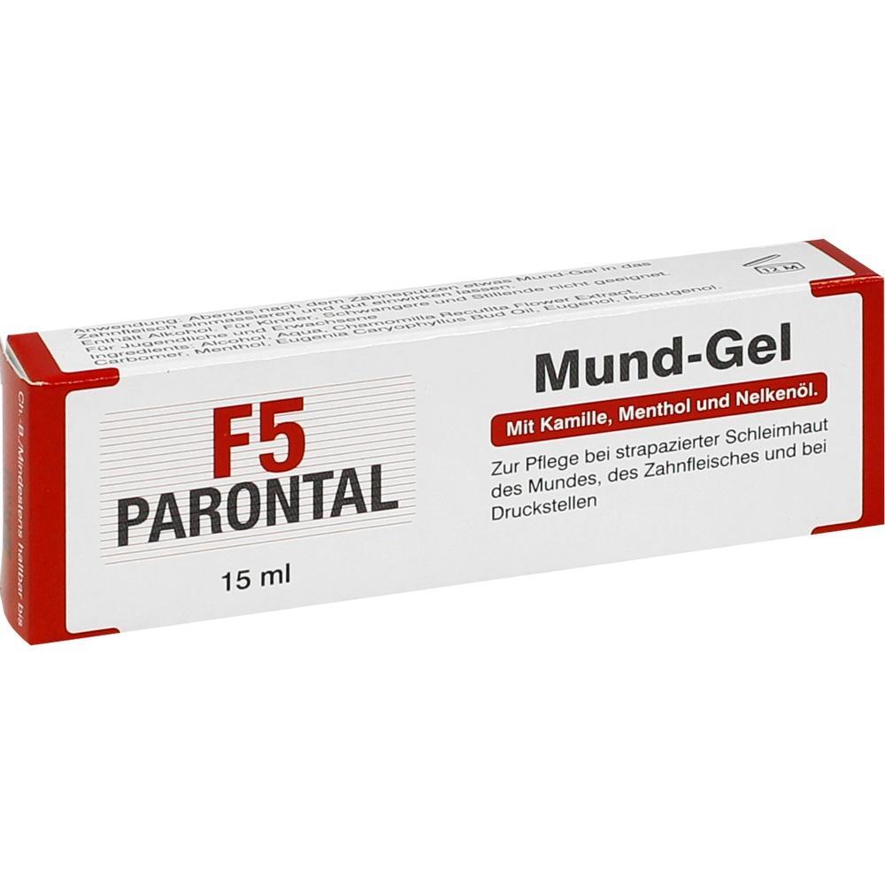 Eine rote und weiße Verpackung für ein Mund-Gel mit Kamille, Menthol und Nelkenöl.