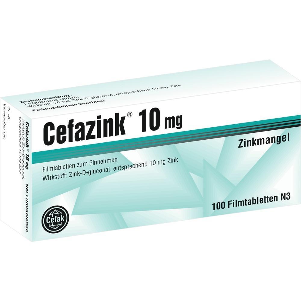 Schachtel mit Cefazink 10 mg Filmtabletten gegen Zinkmangel, 100 Stück.