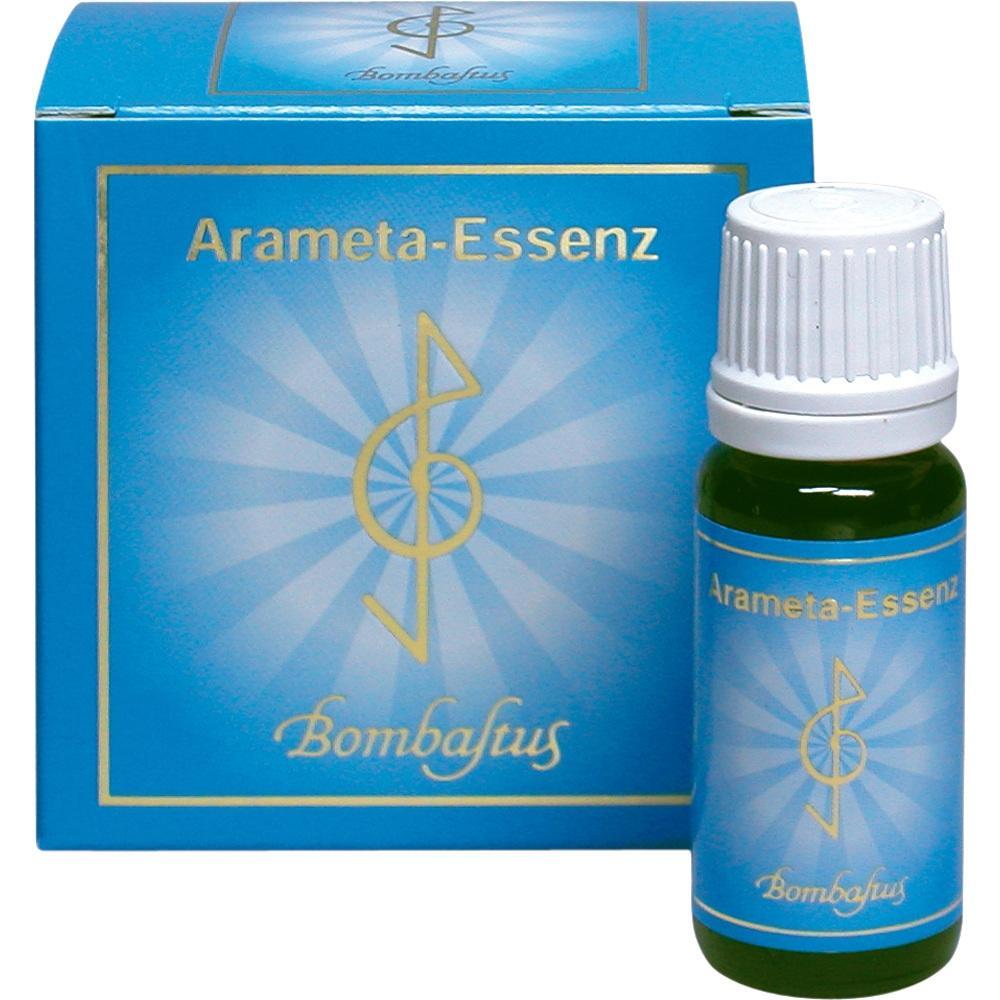 Eine blaue Schachtel und ein Fläschchen mit der Aufschrift "Arameta-Essenz Bombastus".