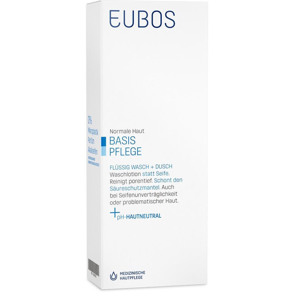 Weiße Verpackung einer Flüssigwaschlotion für normale Haut von EUBOS.