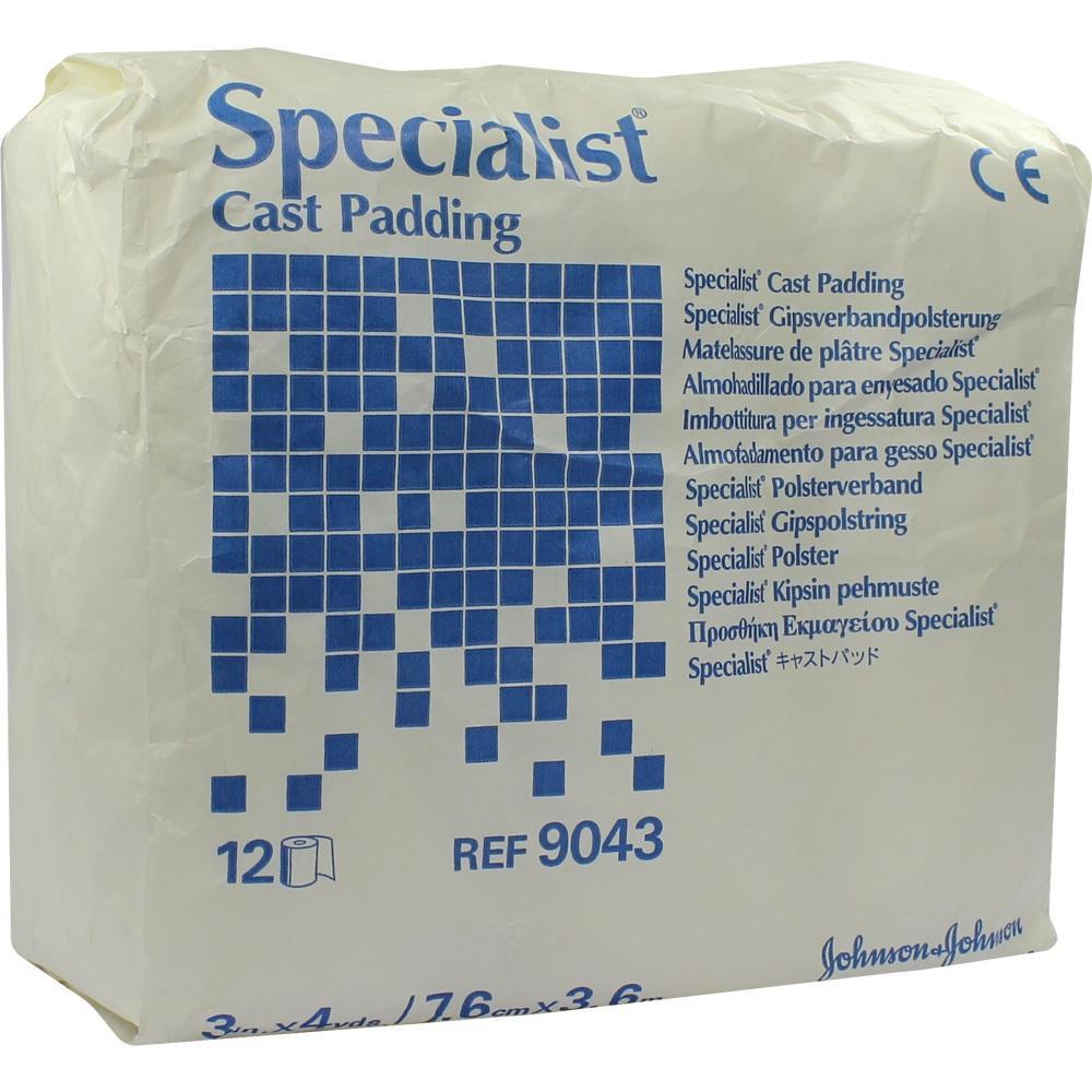 Verpackung von Gipsverbandpolsterung mit blauen Quadraten und Text in verschiedenen Sprachen.