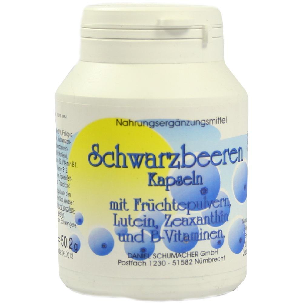 Weiße Flasche mit schwarzer Aufschrift "Schwarzbeeren Kapseln" und blauen Beeren.