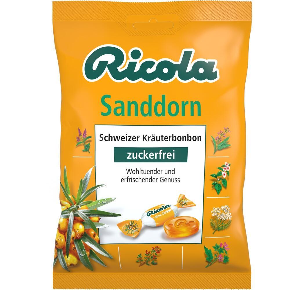 Eine orange T&uuml;te mit zuckerfreien Sanddorn-Kr&auml;uterbonbons von Ricola.