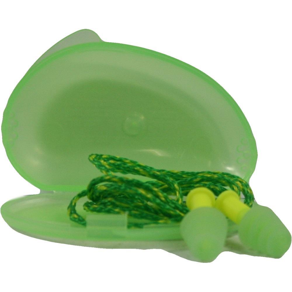 Grüne Ohrstöpsel liegen in einem offenen, grünen Etui.