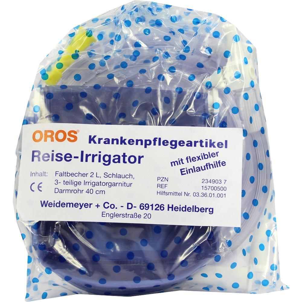 Verpacktes Set für Reise-Irrigator mit Schläuchen und Beutel in Plastikfolie.