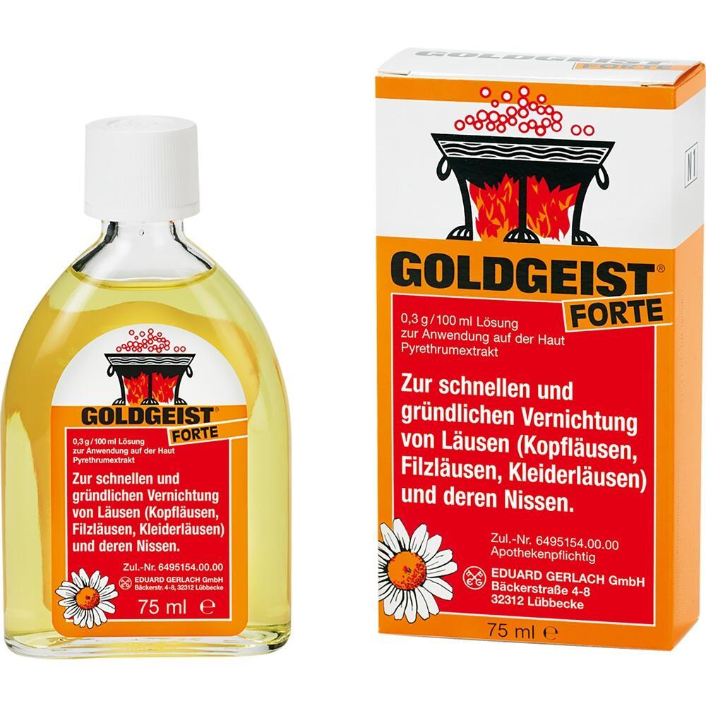 Flasche und Verpackung von Goldgeist Forte gegen Läuse auf rotem Hintergrund.