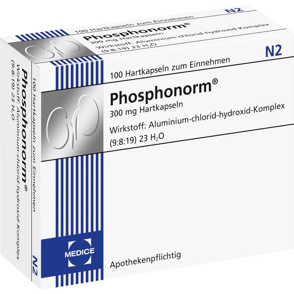Eine Schachtel mit 100 Kapseln namens Phosphonorm, apothekenpflichtig.