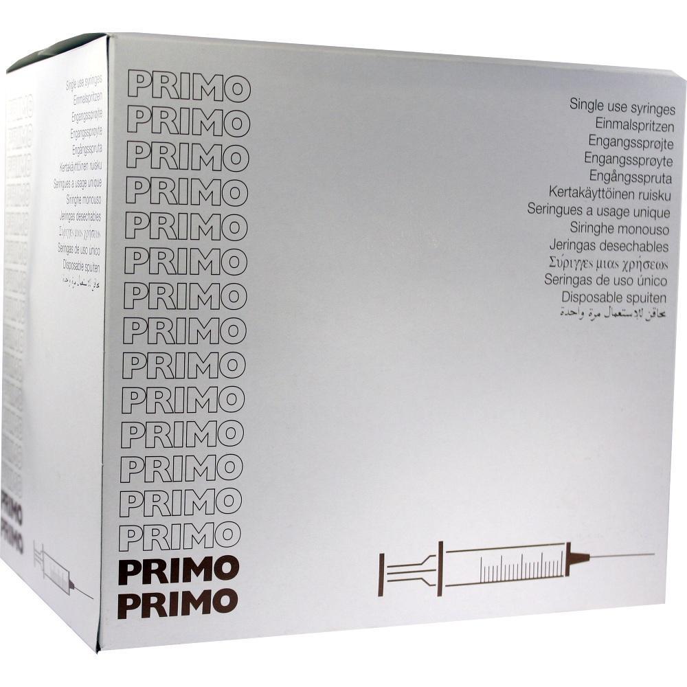 Ein wei&szlig;er Karton mit dem Aufdruck "PRIMO" und Zeichnung einer Einwegspritze.