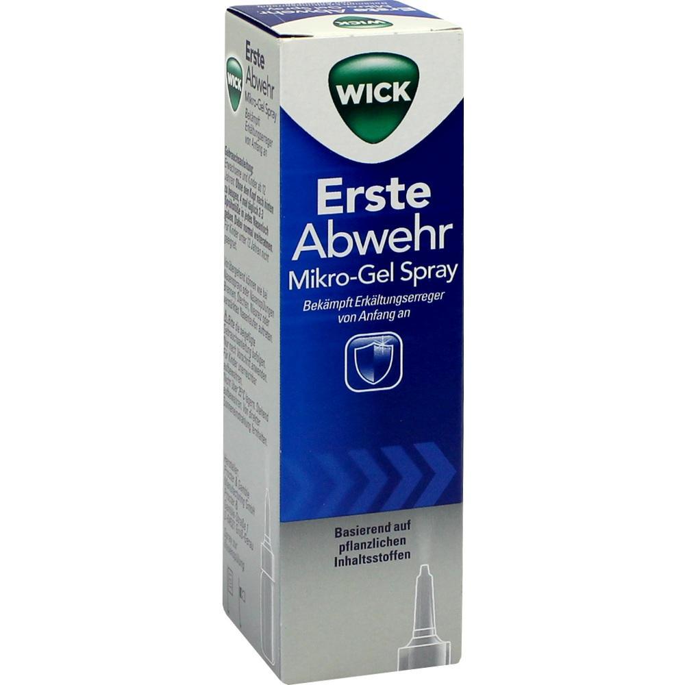 Eine Verpackung von Wick Erste Abwehr Mikro-Gel Spray gegen Erkältungserreger.