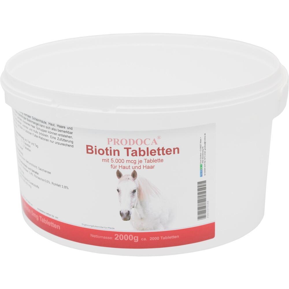 Wei&szlig;e Dose mit Biotin-Tabletten f&uuml;r Haut und Haar, Bild von einem Pferd vorne.