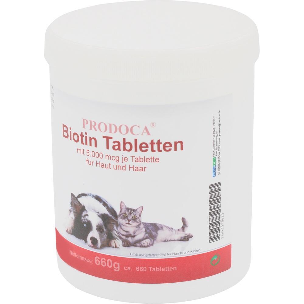 Wei&szlig;e Dose mit Biotin-Tabletten f&uuml;r Hunde und Katzen, Bild von Hund und Katze.