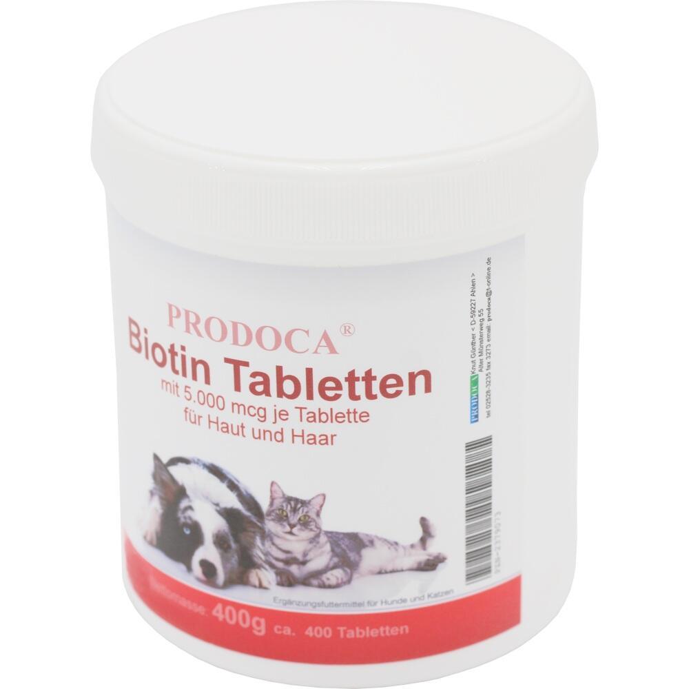 Wei&szlig;er Beh&auml;lter mit der Aufschrift "Biotin Tabletten" und Bildern von Hund und Katze.