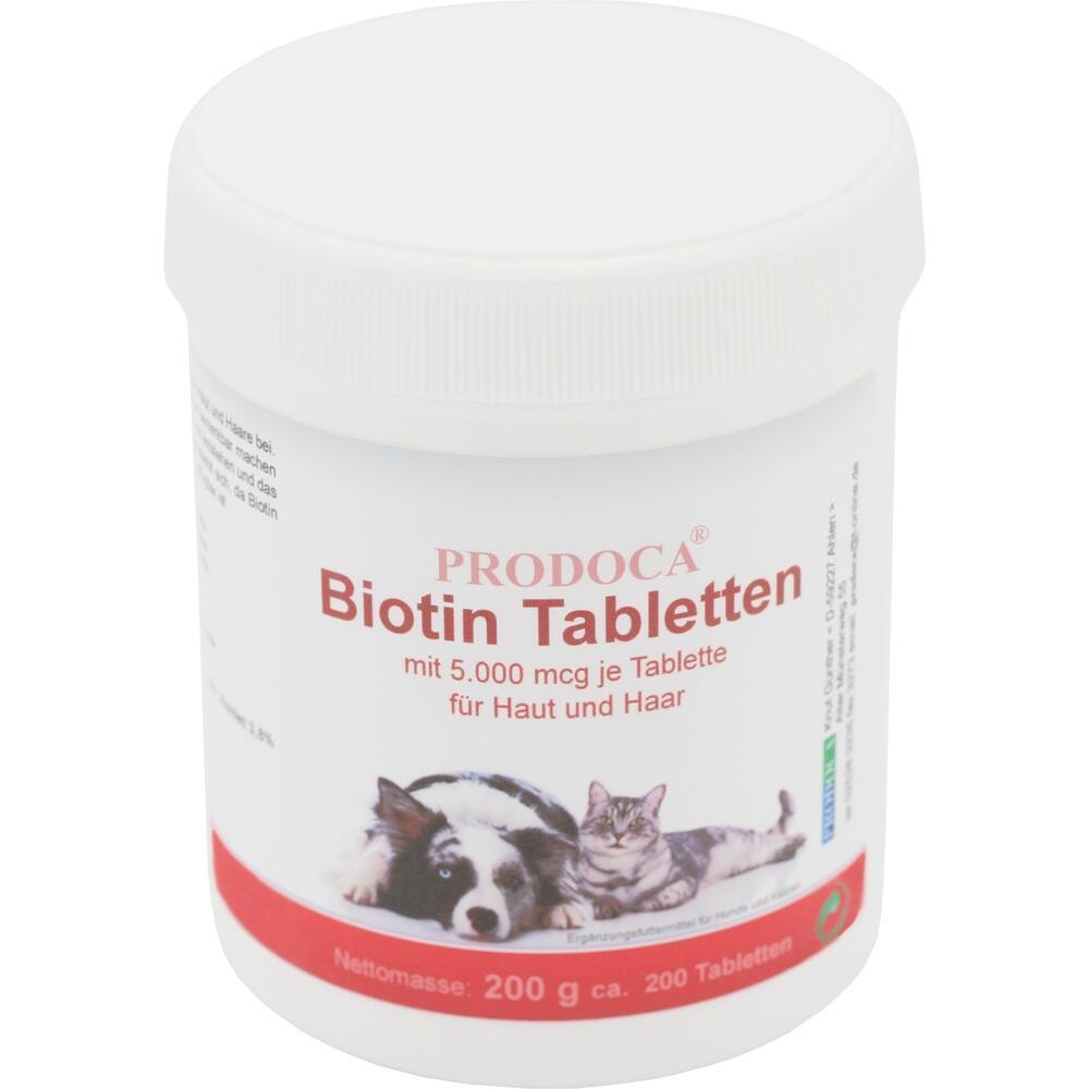 Dose mit Biotin-Tabletten f&uuml;r Haut und Haar, mit Hund und Katze auf dem Etikett.