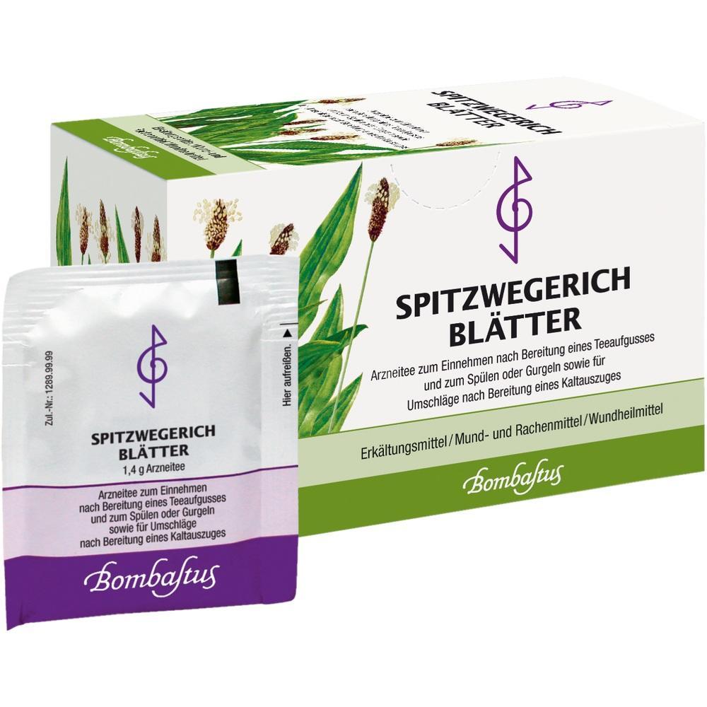 Verpackung von Spitzwegerich-Blättern als Arzneitee bei Erkältung und Halsbeschwerden.