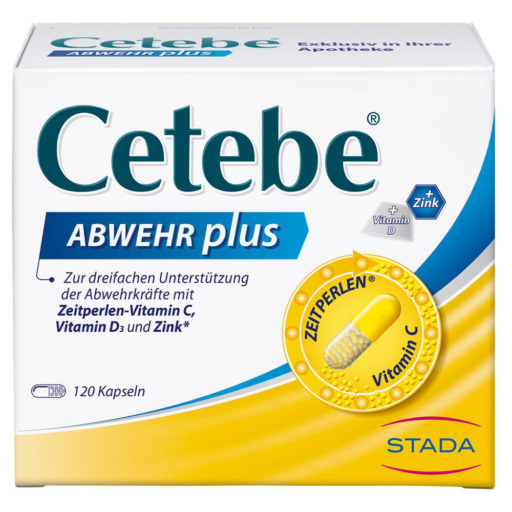 Verpackung von Cetebe Abwehr plus Kapseln mit Vitamin C, Vitamin D3 und Zink.