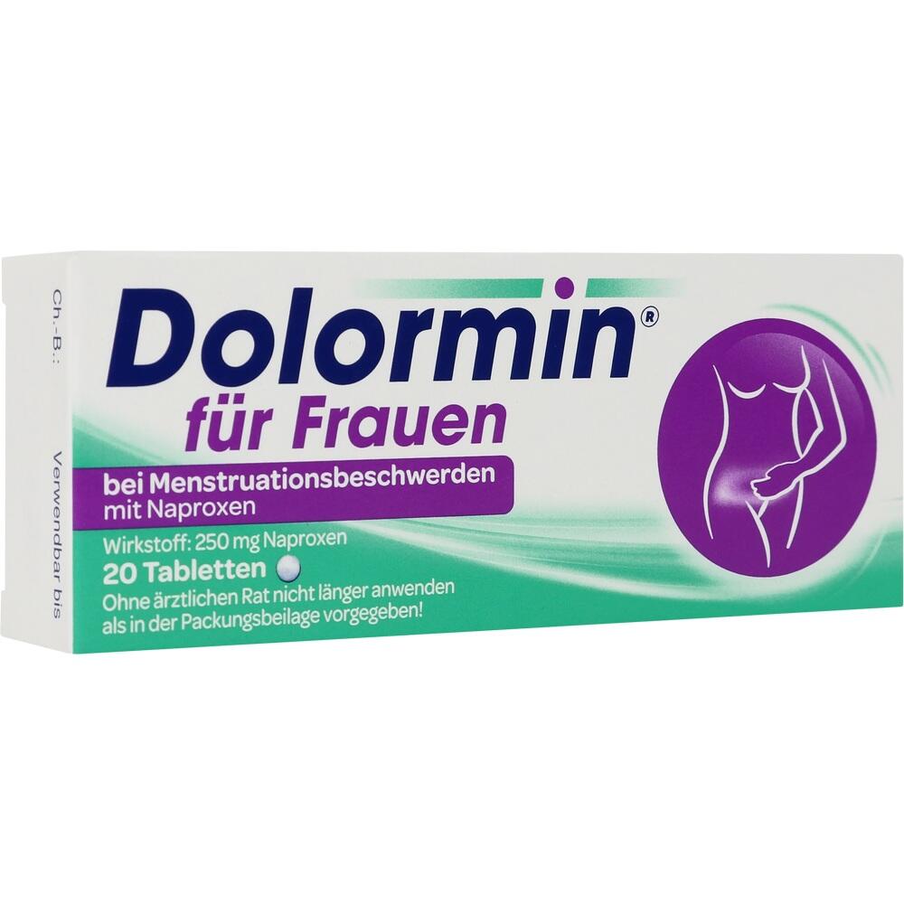 Verpackung von Dolormin Tabletten für Frauen gegen Menstruationsschmerzen.
