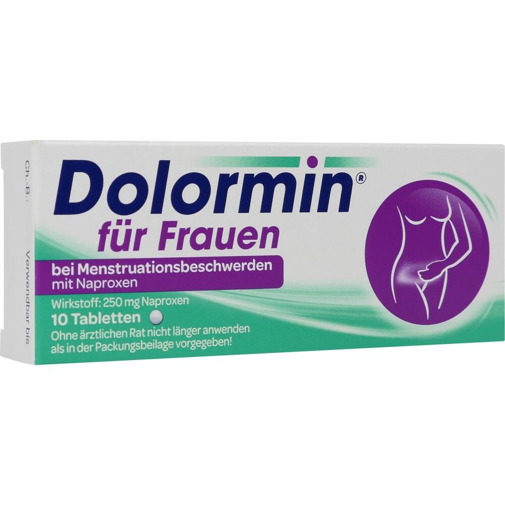 Verpackung von Dolormin für Frauen für Menstruationsbeschwerden mit 10 Tabletten.