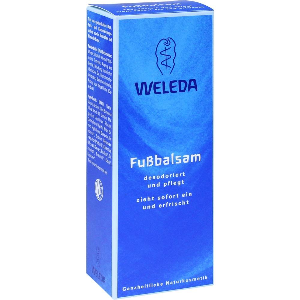 Eine blaue Verpackung von Weleda Fußbalsam mit weißem Text.