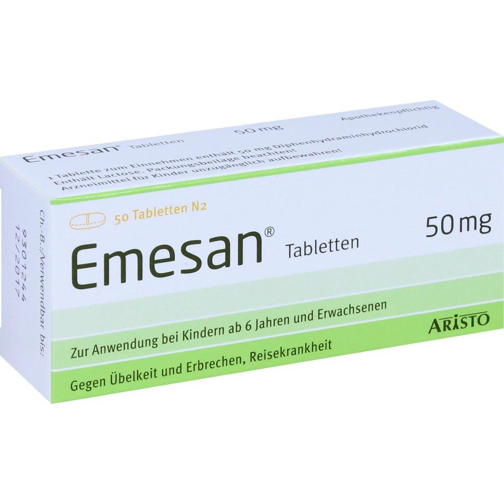Packung Emesan Tabletten gegen Übelkeit und Erbrechen, 50 mg, für Kinder und Erwachsene.