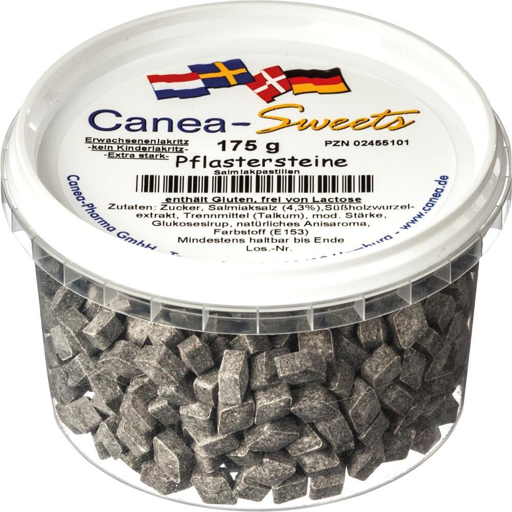 Eine Plastikdose mit Lakritz-Pastillen namens "Pflastersteine".