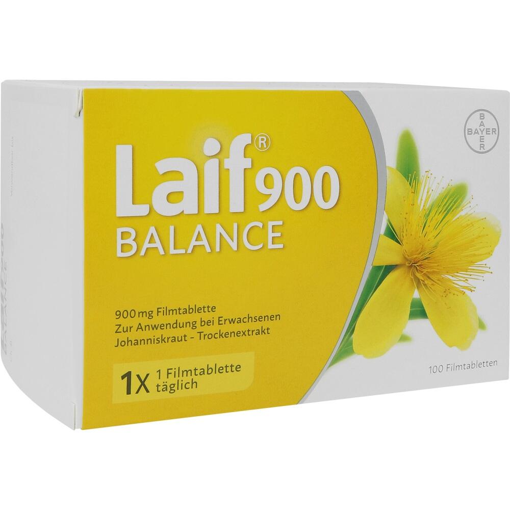 Gelbe Medikamentenverpackung mit der Aufschrift "Laif 900 Balance" und einem Johanniskrautmotiv.