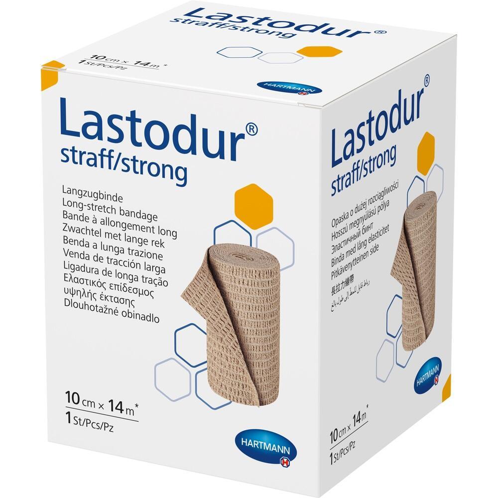 Eine weiße Verpackung einer elastischen Bandage mit der Aufschrift "Lastodur straff/strong".