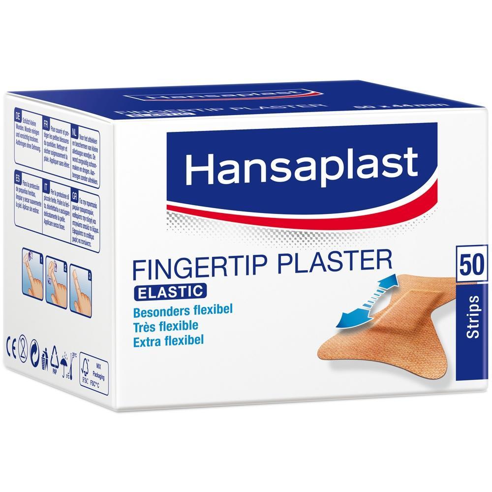 Eine Packung elastische Pflaster für Fingerspitzen von Hansaplast.