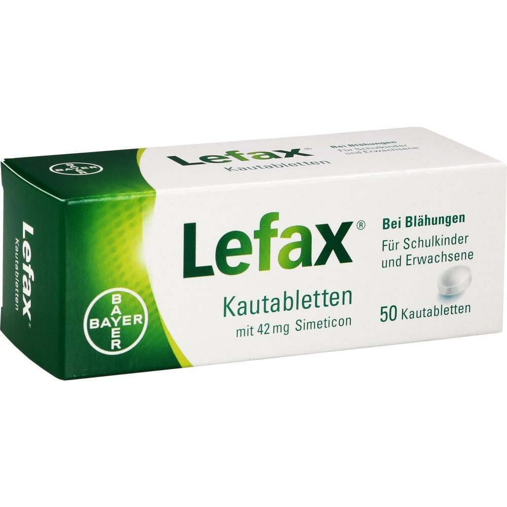 Grüne und weiße Packung von Lefax mit 50 Kautabletten gegen Blähungen.