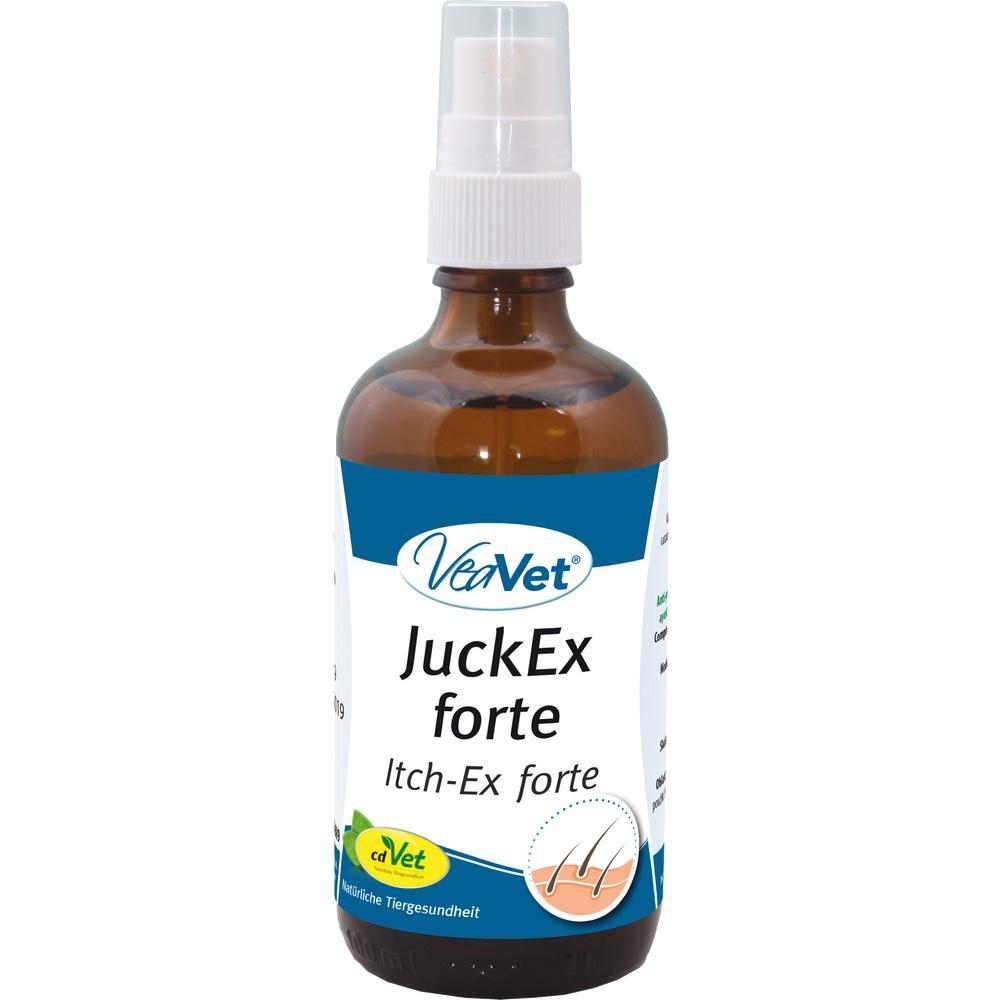 Braune Spr&uuml;hflasche mit Etikett "JuckEx forte" gegen Juckreiz.