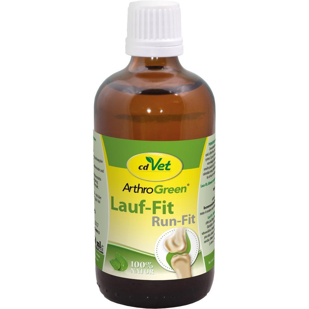 Braune Flasche mit gelbem Etikett, auf dem "Lauf-Fit" steht.