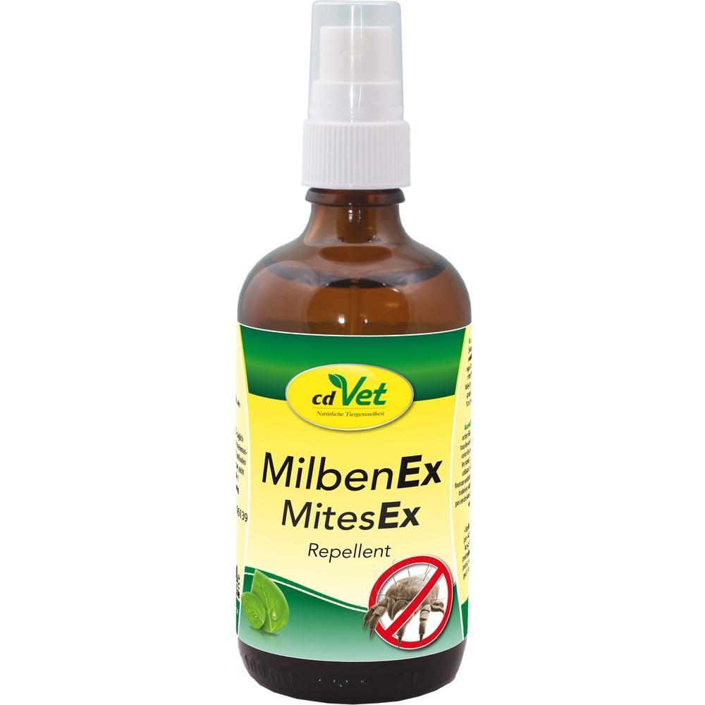 Sprayflasche mit der Aufschrift "MilbenEx" gegen Milben.