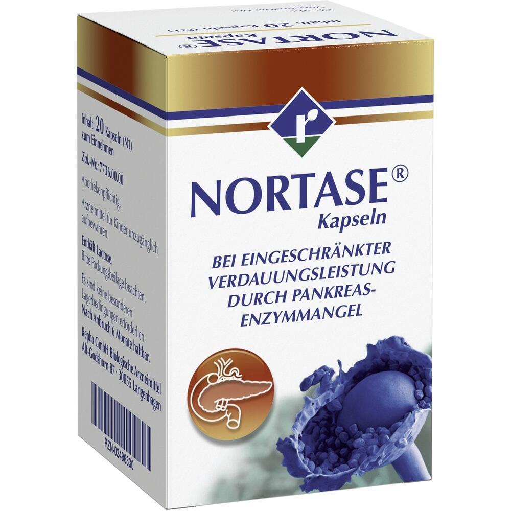 Verpackung der Nortase-Kapseln, geeignet bei Pankreas-Enzymmangel.