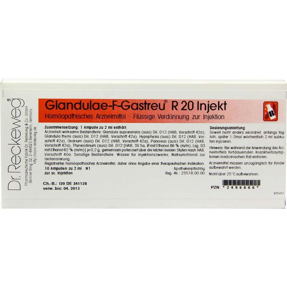 Verpackung von hom&ouml;opathischen Injektionsampullen namens Glandulae-F-Gastreu R 20.