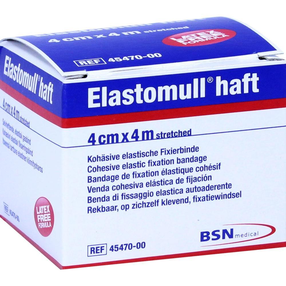 Eine blaue und weiße Box mit Elastomull haft-Binde.
