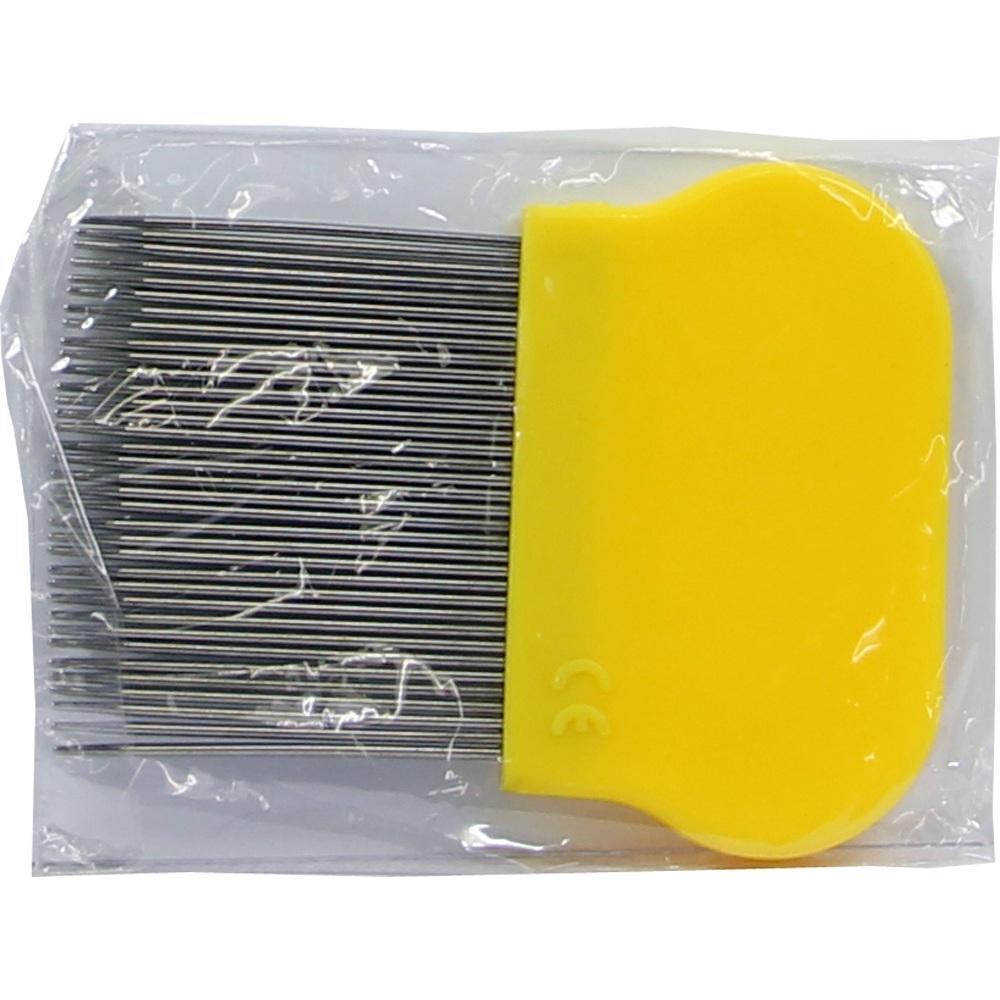 Ein gelber Kamm mit vielen feinen Metallzinken in einer Plastikhülle.