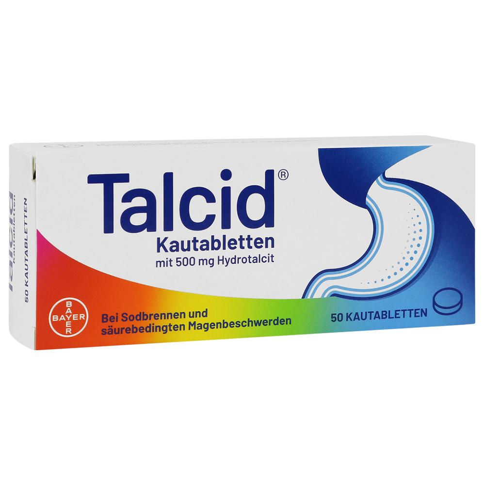 Weiße Packung von Kautabletten gegen Sodbrennen mit buntem Design.