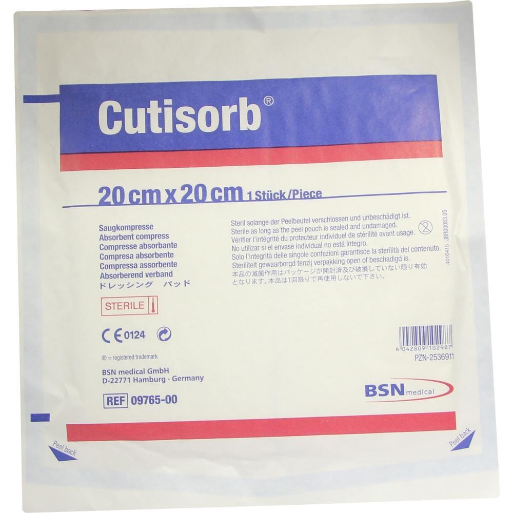 Eine Verpackung mit einer 20x20 cm großen sterilen Saugkompresse von Cutisorb.