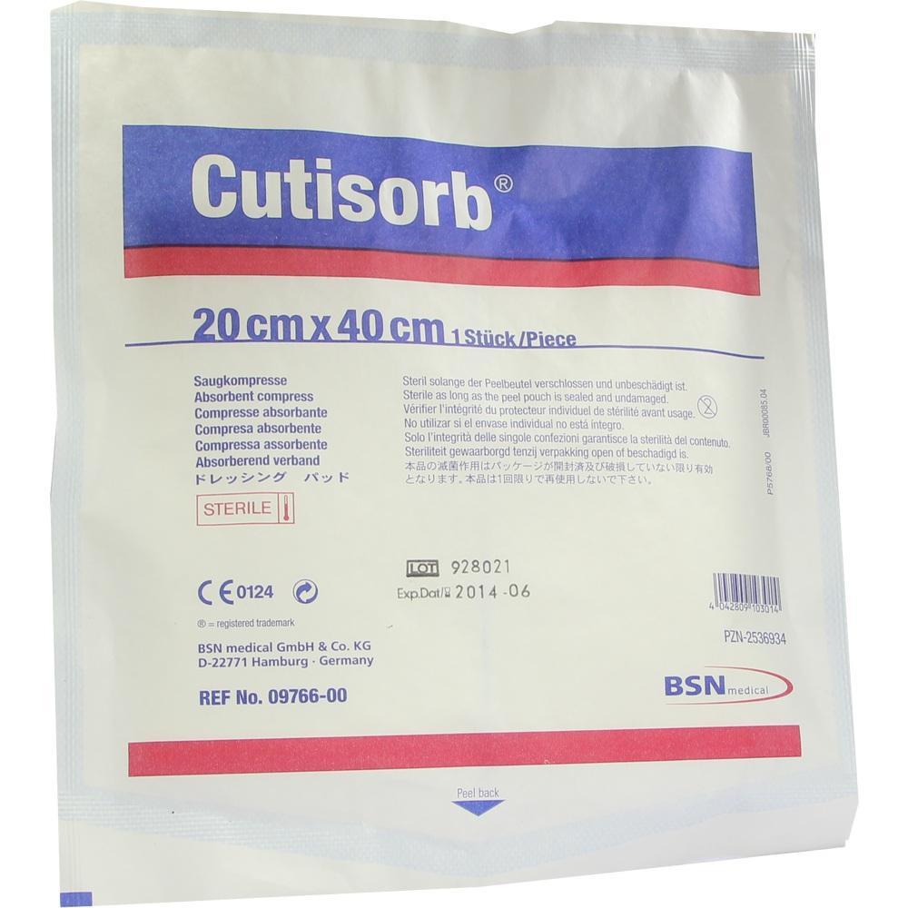 Verpackung einer sterilen Saugkompresse mit der Aufschrift "Cutisorb" und Größe 20x40 cm.