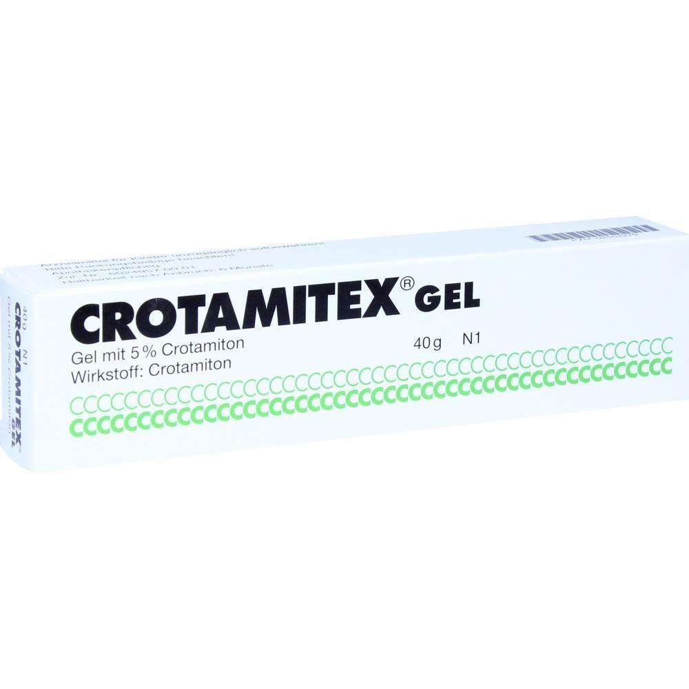 Eine weiße Packung mit der Aufschrift "Crotamitex Gel" steht aufrecht.