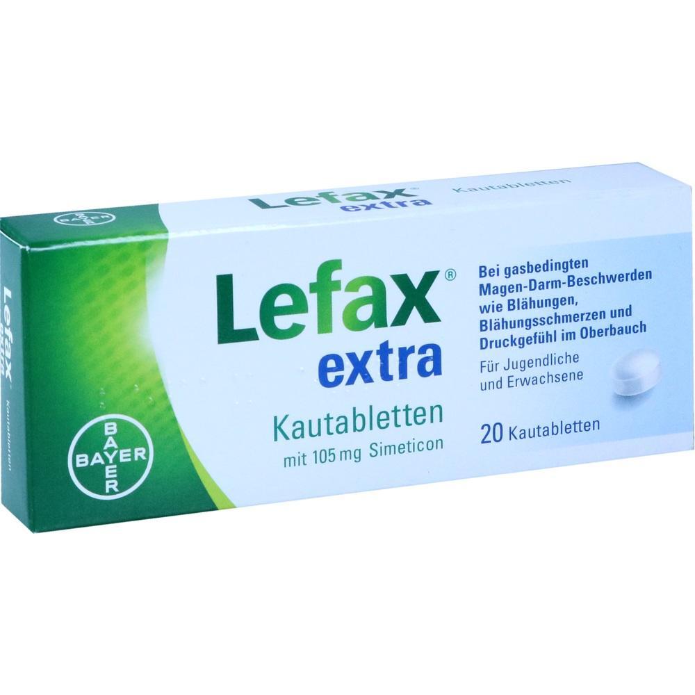 Packung mit Lefax extra Kautabletten gegen Magen-Darm-Beschwerden.