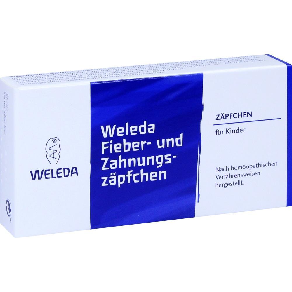 Blaue Packung mit der Aufschrift "Weleda Fieber- und Zahnungszäpfchen für Kinder".
