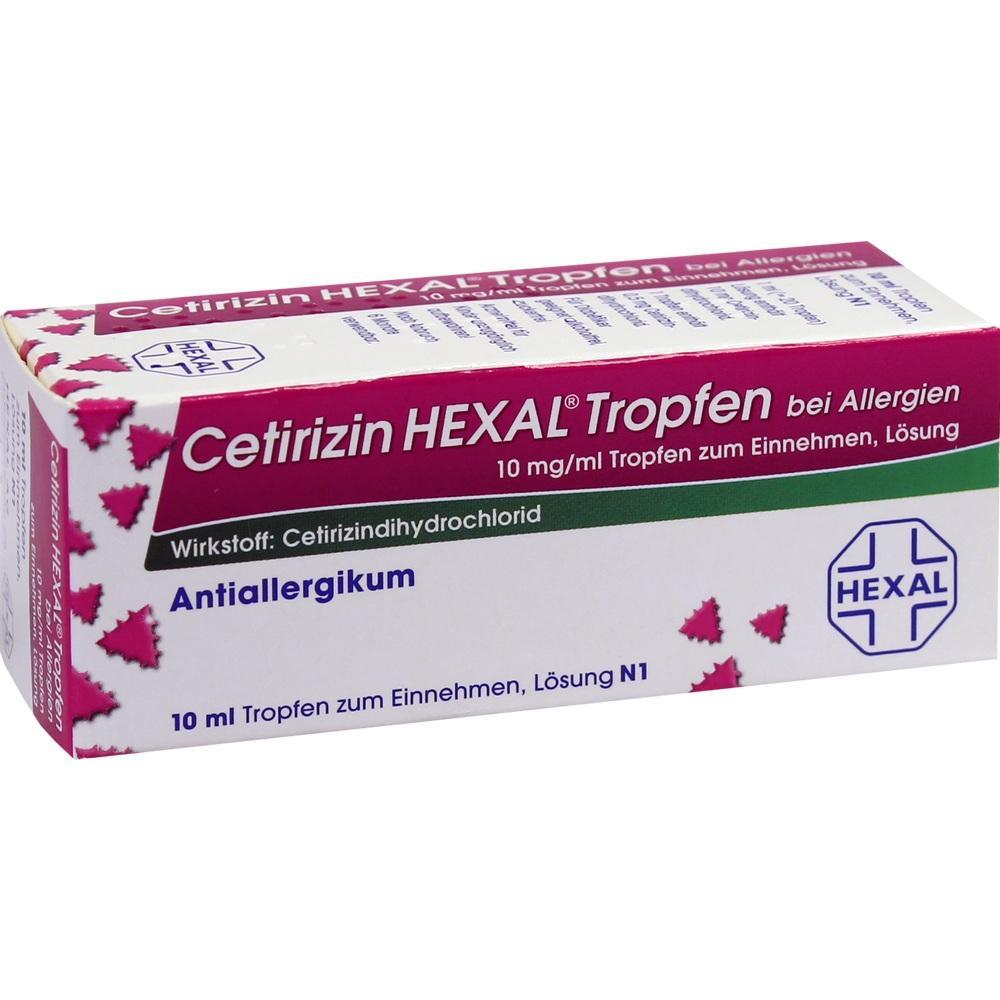 Eine Packung Cetirizin HEXAL Tropfen gegen Allergien.