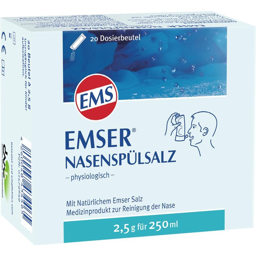 Eine Packung Emser Nasenspülsalz für die Reinigung der Nase.
