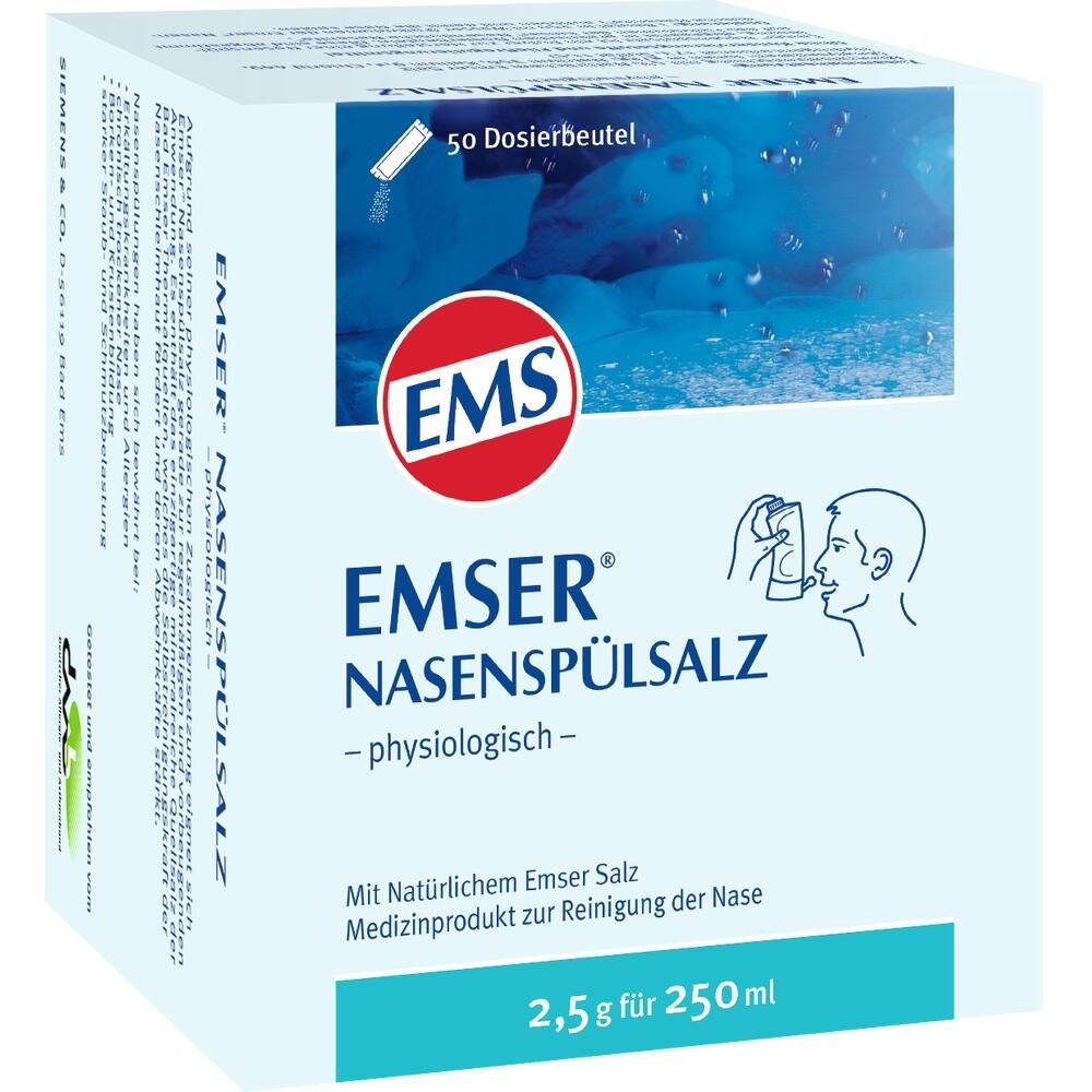 Weiße Verpackung von Emser Nasenspülsalz zur Nasenreinigung.